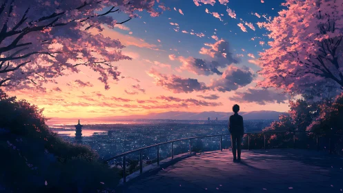 Twilight city dreams beneath drifting cherry blossom skies.