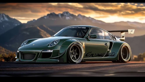 Sunlit green sports car rests boldly before misty mountains