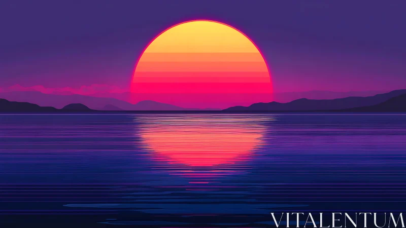 Gradient-sliced neon sunset over low-poly horizon with mirrored reflection