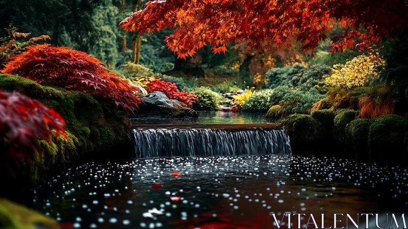 Autumn garden stream with small waterfall and dense foliage.