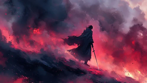 Sword-bearing figure stands in fiery red storm clouds