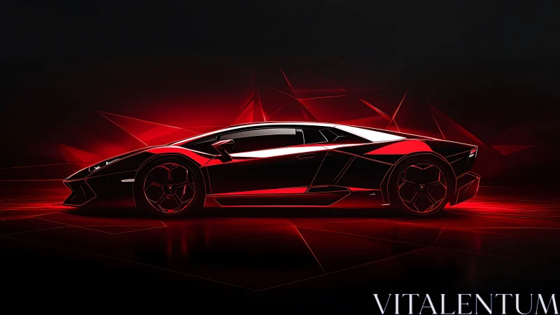 Futuristic red supercar profile in neon geometric lightscape.