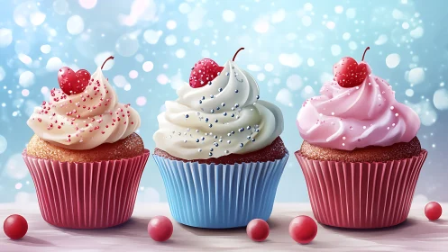 Three decorative cupcakes with frosting and cherry garnish.