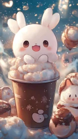 Chibi marshmallow bunny in cocoa cup with winter sparkle lighting.