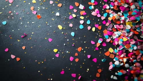 Bright confetti scatter across dark textured surface.