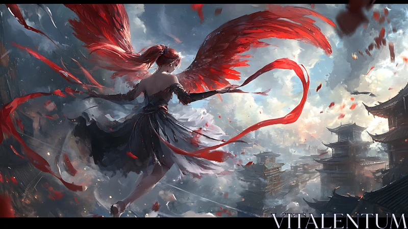 Winged warrior over cloudy cityscape in red and gray tones.