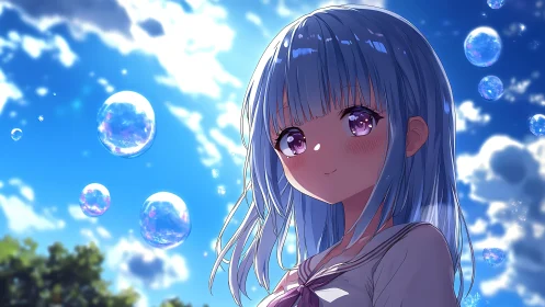 Dreamy blue haired girl beneath radiant summer sky.