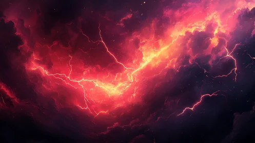 Fiery storm clouds burst with glowing red lightning arcs