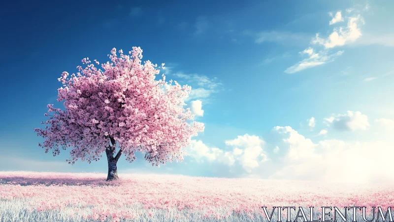 Solitary cherry blossom tree glows beneath wide pastel sky.