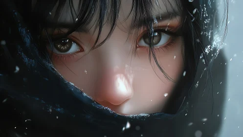 Snow-kissed gaze emerges from a dark winter hood in silence