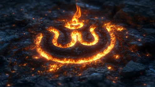 Molten power symbol carved in glowing volcanic rock surface.