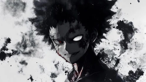 Dark-eyed anime antihero smiles through swirling ink shadows