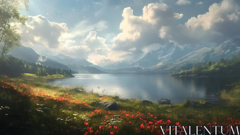 Sunlit alpine lake with wildflower meadow and distant peaks