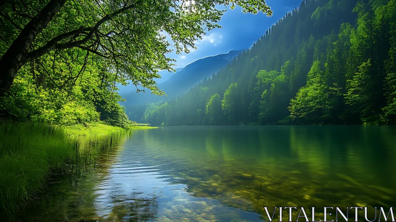 Lush mountain lake shoreline under radiant emerald light.