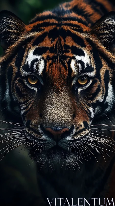 Ultra-detailed frontal tiger portrait with dramatic low-key lighting