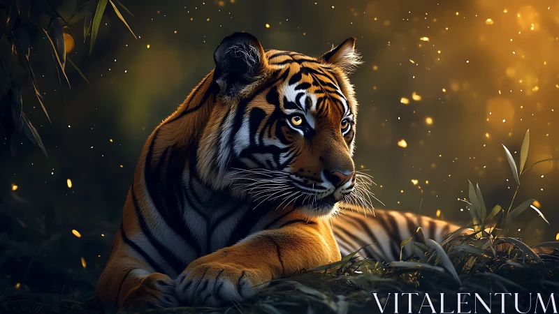 Tiger resting in glowing forest light with warm sparks.