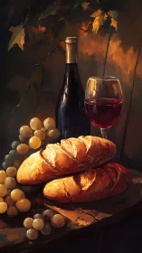 Wine, Bread, and Grapes Glow in Warm Autumn Light