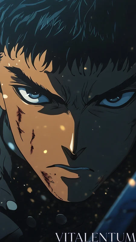 War-torn gaze carves fury and resolve through drifting embers