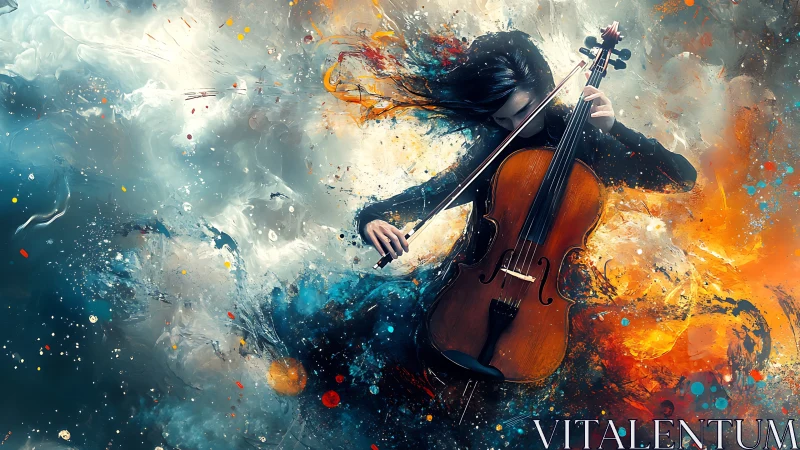 Violinist plays amid swirling abstract clouds of color