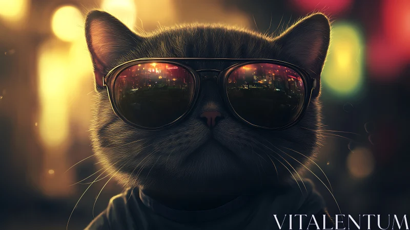 Cool Cat in Sunglasses Shines Under City Lights.