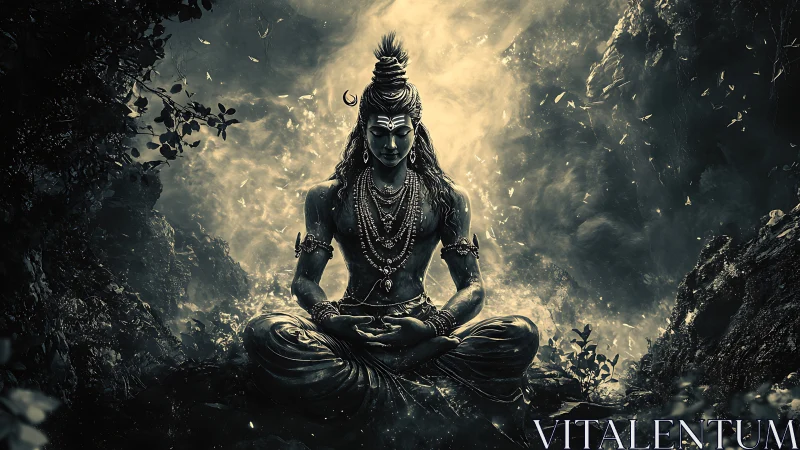 Serene forest deity resting in glowing mountain mist.