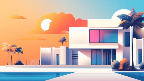 Sunlit modern villa by the pool in dreamy pastel colors.