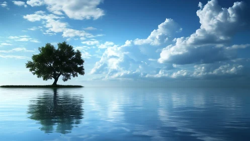 Lonely green tree on tiny island in calm reflective water.