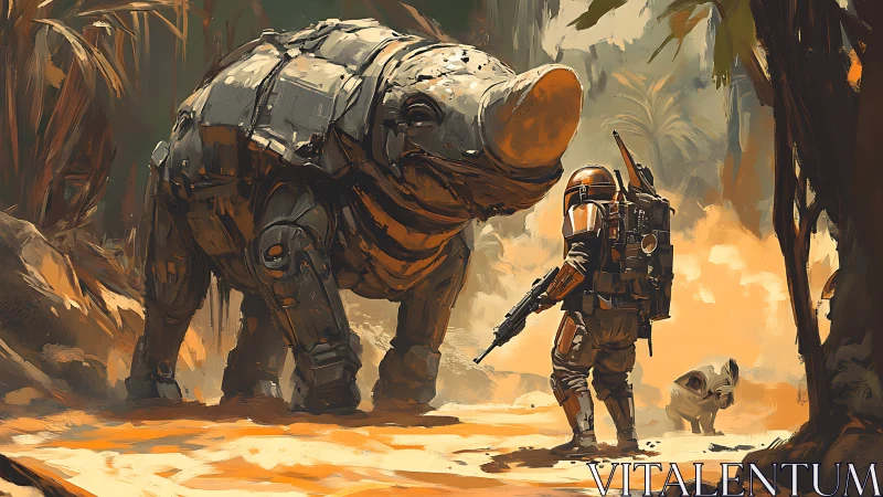 Armored recon trooper confronting cybernetic rhino beast