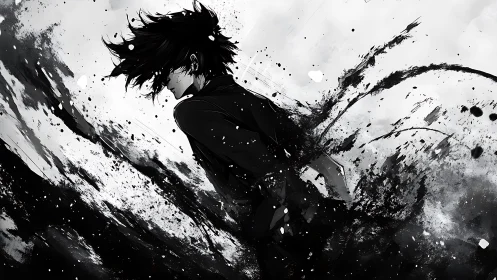 Monochrome anime figure dissolves into dynamic ink-like particle spray
