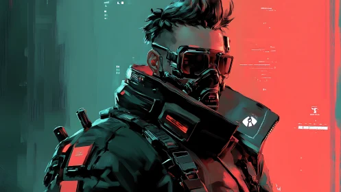 Cyberpunk sentinel stands in neon contrast and shadowed armor.