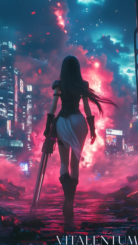 Cybernetic warrior strides through neon-ignited urban ruins