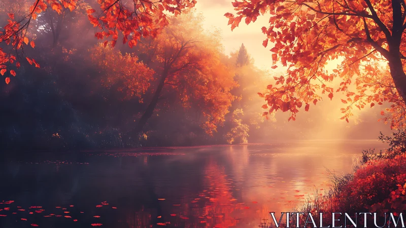 Autumn foliage over calm river with diffuse sunrise light.