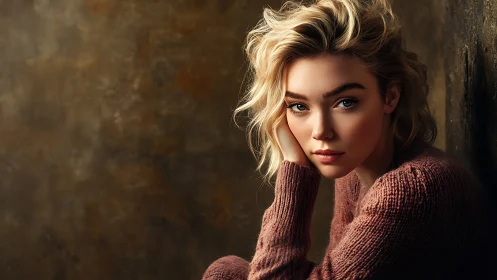 Moody portrait of young woman in soft knitted sweater.