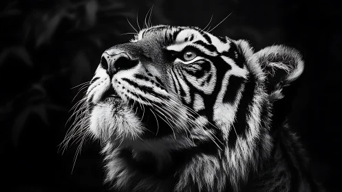 Black and white tiger portrait with upward focused gaze.