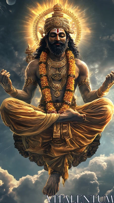 Seated divine figure in golden attire above layered clouds.