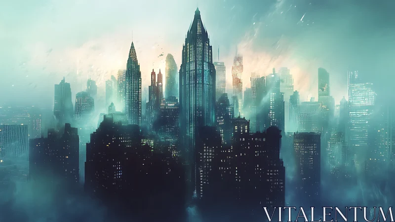 Shrouded futuristic skyline under luminous teal mist.