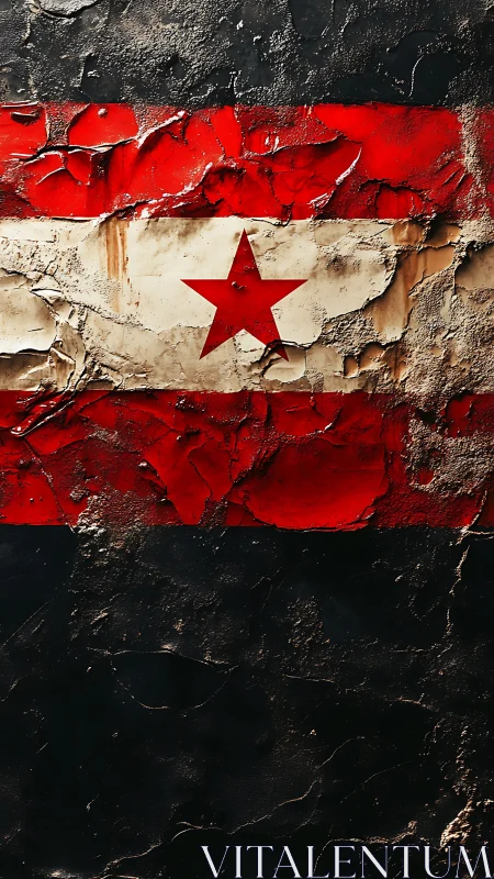 Weathered red star flag rendered on cracked painted surface
