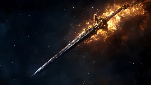 Ornate fantasy sword engulfed in golden flames against dark void