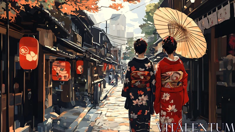 Two women in kimonos walking along traditional street in fall.