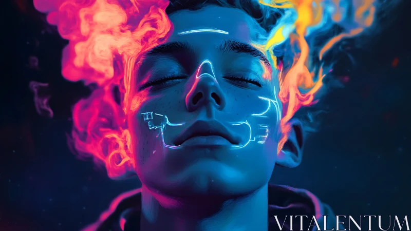 Digital portrait of youth with neon lines and colored smoke.
