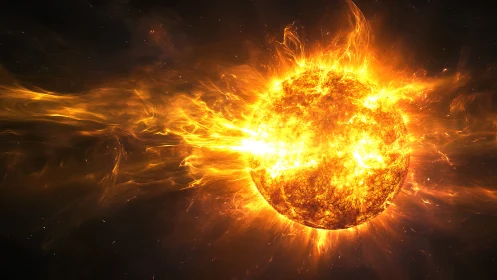 Solar flare eruption across burning stellar surface.