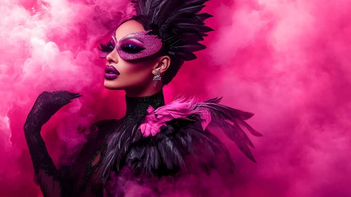 Masked drag icon in magenta smoke with feather couture.