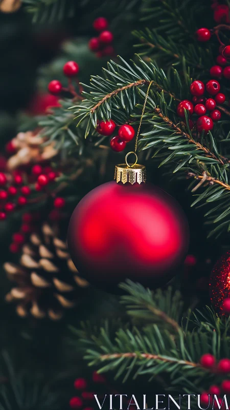 Crimson ornament glows amid winter pine, berries and cones.