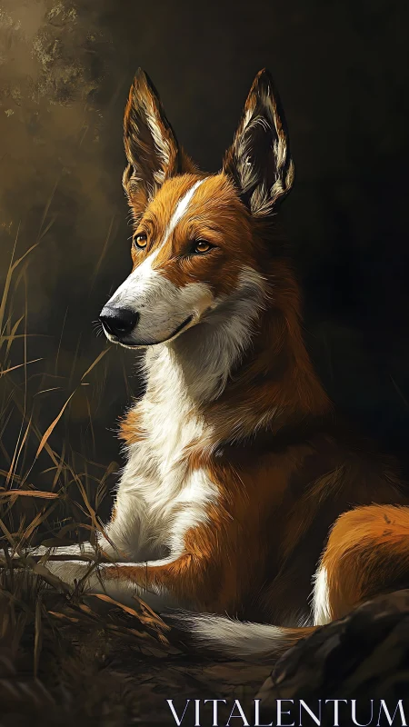 Gentle foxlike dog rests calmly in warm woodland light