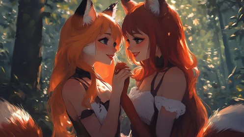 Fox-eared girls sharing tender moment in sunlit forest.