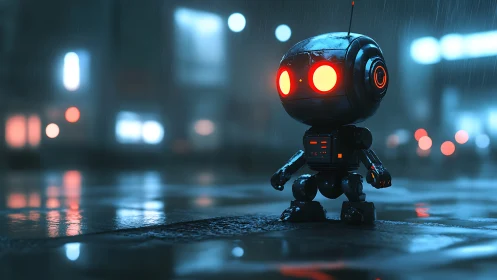 Lonely chibi robot glows on neon city street in rain.
