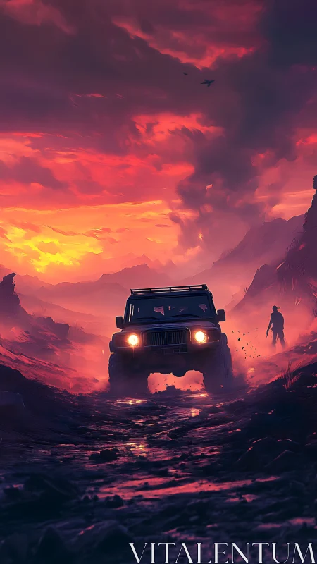 Crimson trail drive beneath stormy sunset skies.