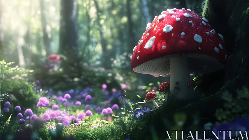 Crimson mushroom monarch amid lilac lanterns of the glade.