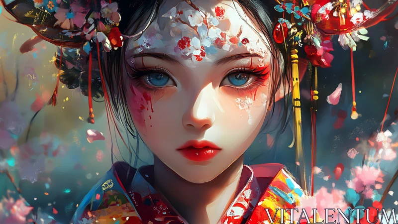 Radiant blossom maiden gazes softly through drifting petals