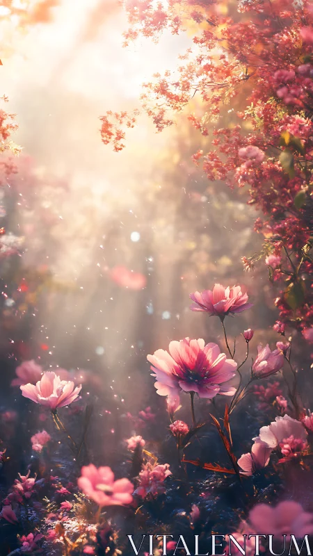Sunlit pink blossoms under ethereal golden forest haze.